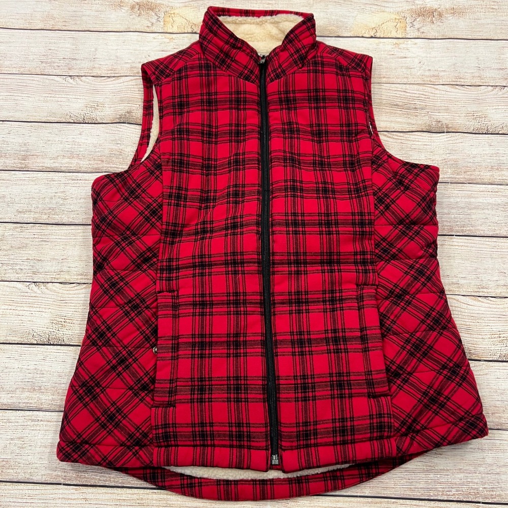 Duluth Trading‎ Co Womens Plaid Sherpa Lined Vest Red Black Full Zip Size S